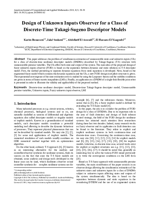 (PDF) Design of Unknown Inputs Observer for a Class of Discrete-Time ...