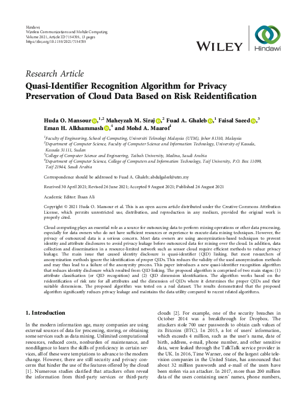 (PDF) Quasi-Identifier Recognition Algorithm for Privacy Preservation ...