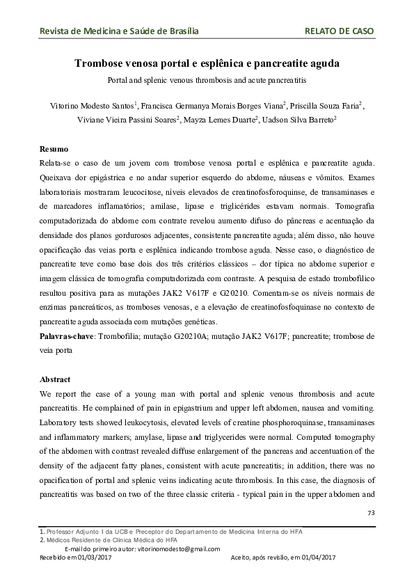 Trombose Venosa Portal e Esplênica e Pancreatite Aguda