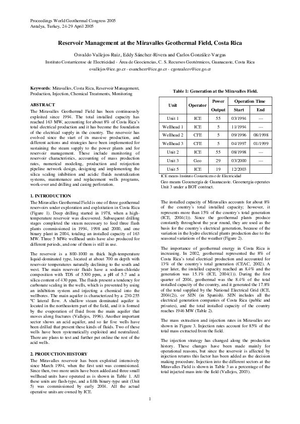 (PDF) Reservoir Management at the Miravalles Geothermal Field, Costa Rica