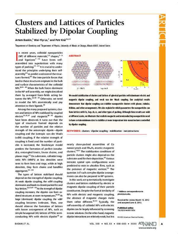 (PDF) Clusters and Lattices of Particles Stabilized by Dipolar Coupling