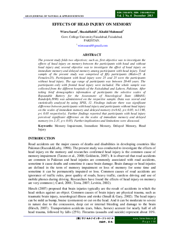 (PDF) Effects of Head Injury on Memory