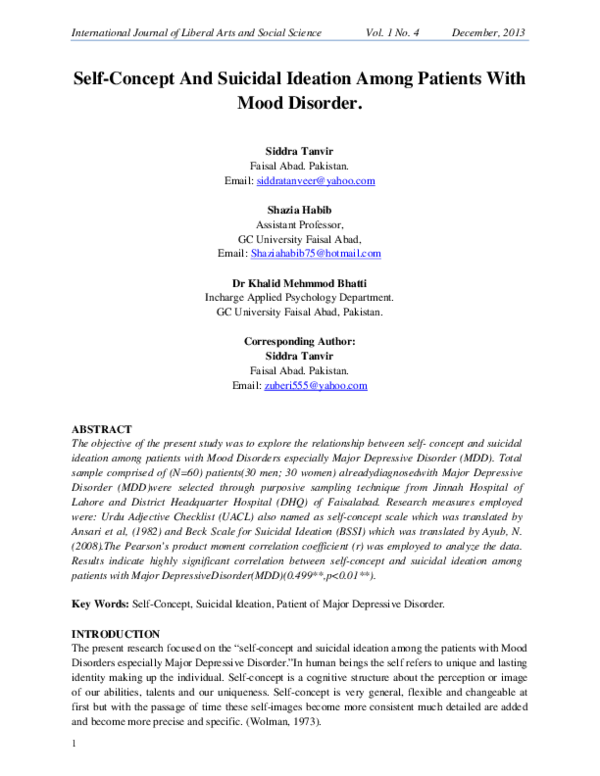 (PDF) Self-Concept And Suicidal Ideation Among Patients With Mood Disorder