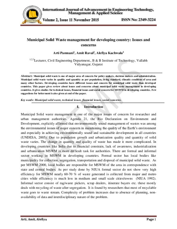 (PDF) Municipal Solid Waste management for developing country: Issues ...