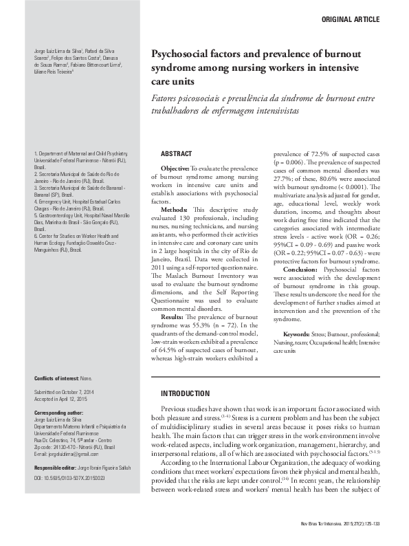 (PDF) Psychosocial factors and prevalence of burnout syndrome among ...