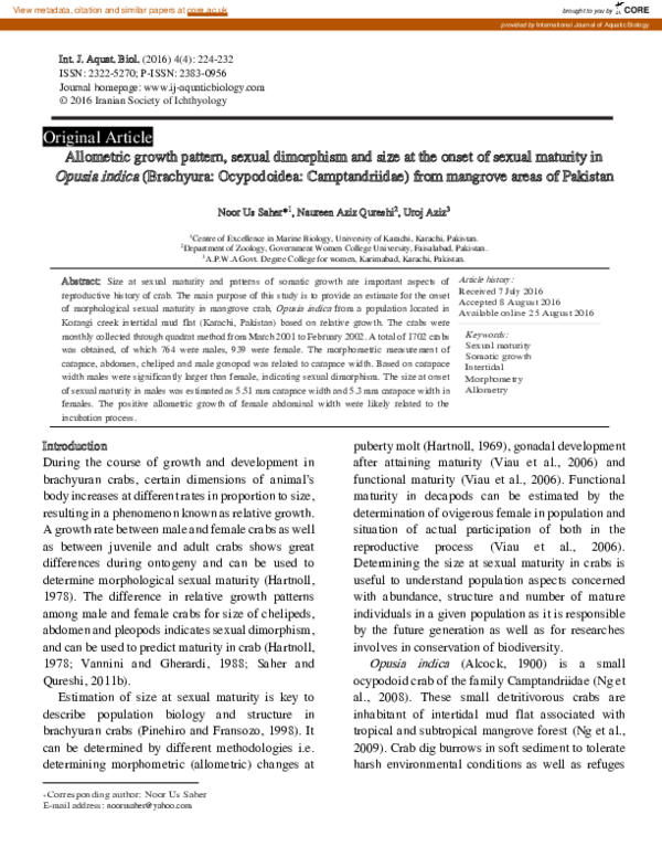(PDF) Allometric growth pattern, sexual dimorphism and size at the ...
