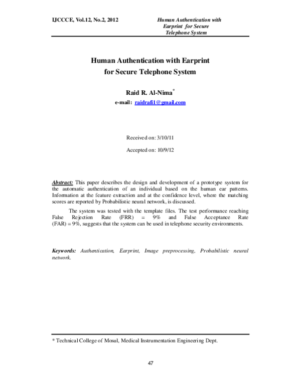 (PDF) Human Authentication with Earprint for Secure Telephone System