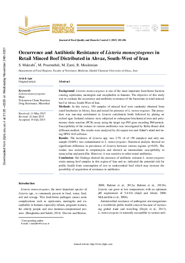 (PDF) Occurrence and Antibiotic Resistance of Listeria monocytogenes in ...