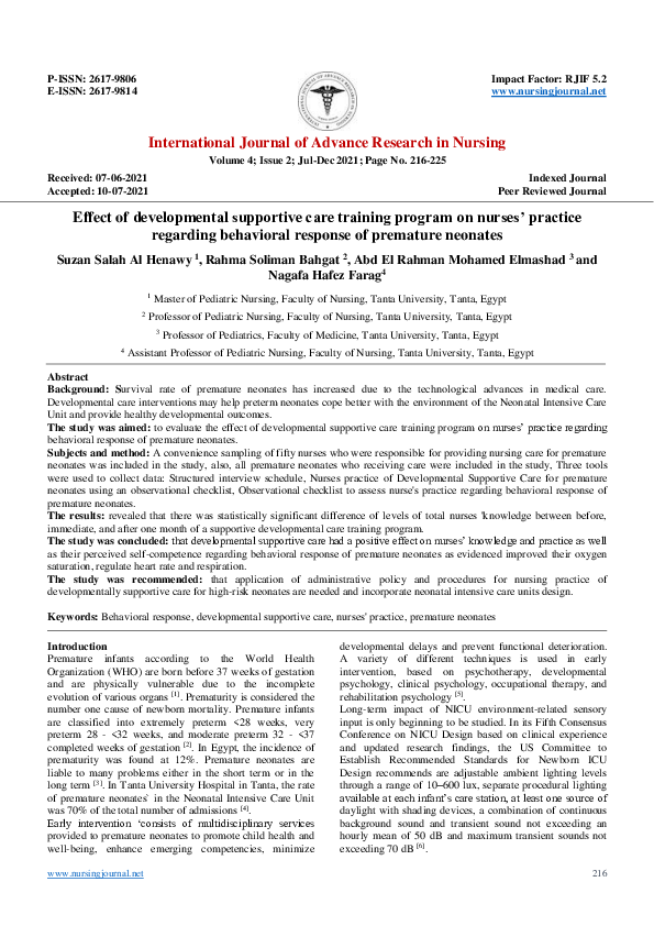 (PDF) Effect of developmental supportive care training program on ...