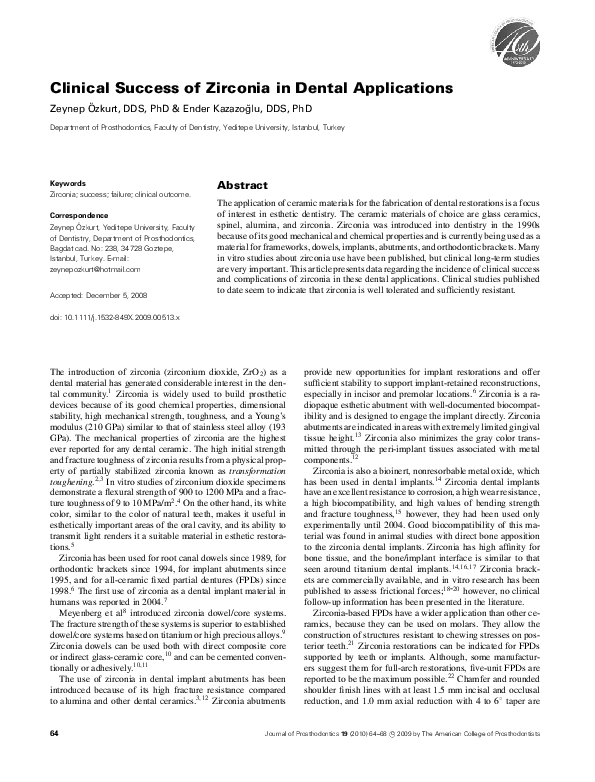 (PDF) Clinical Success of Zirconia in Dental Applications