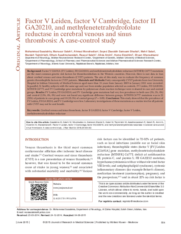 (PDF) Factor V Leiden, factor V Cambridge, factor II GA20210, and ...