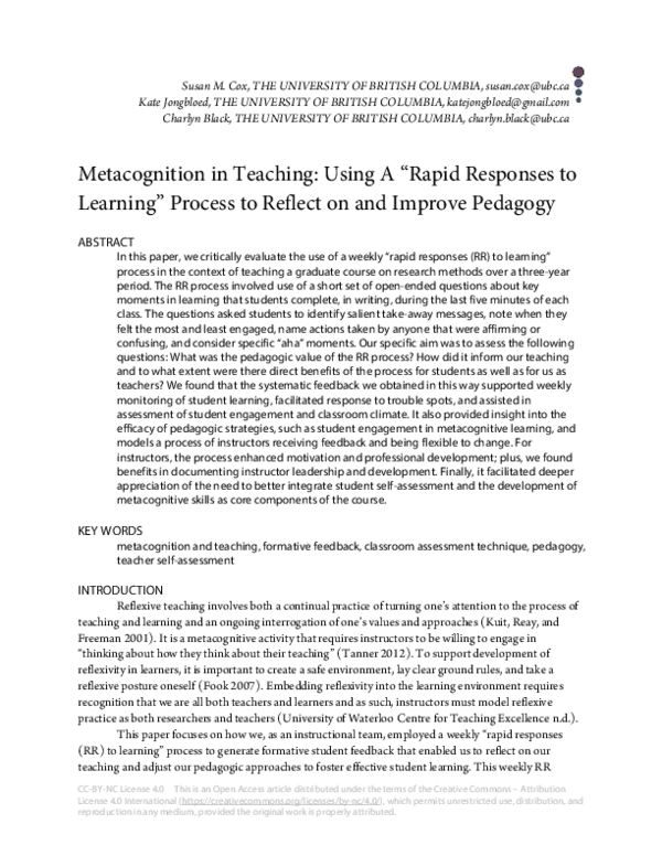 (PDF) Metacognition in Teaching: Using A “Rapid Responses to Learning ...