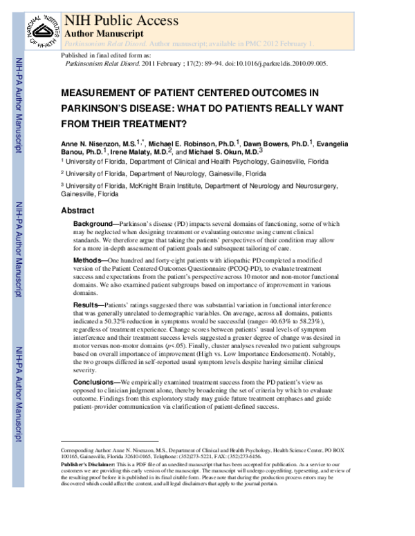 (PDF) Measurement of patient-centered outcomes in Parkinson’s disease ...