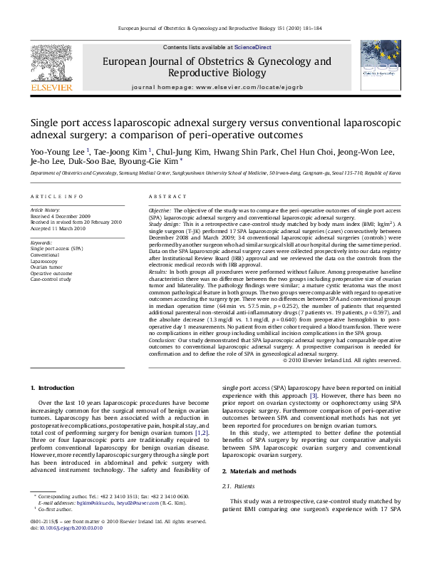 (PDF) Single port access laparoscopic adnexal surgery versus ...