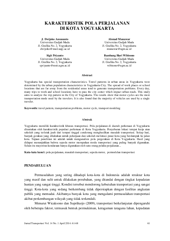 Karakteristik Pola Perjalanan DI Kota Yogyakarta