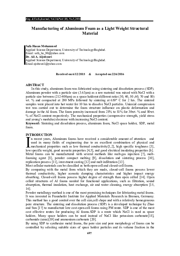 (PDF) Manufacturing of Aluminum Foam as a Light Weight Structural Material