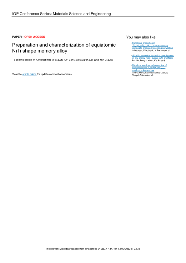 (PDF) Preparation and characterization of equiatomic NiTi shape memory ...