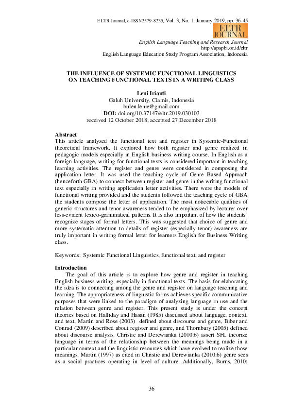 (PDF) The Influence of Systemic Functional Linguistics on Teaching ...