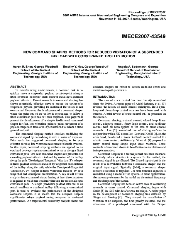 (PDF) New Command Shaping Methods for Reduced Vibration of a Suspended ...