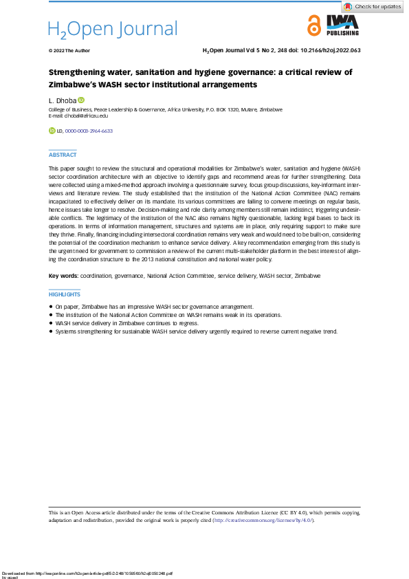 (PDF) Strengthening water, sanitation and hygiene governance a