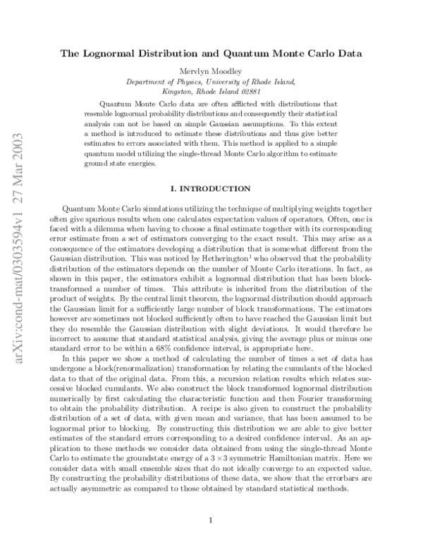 (PDF) The Lognormal Distribution and Quantum Monte Carlo Data