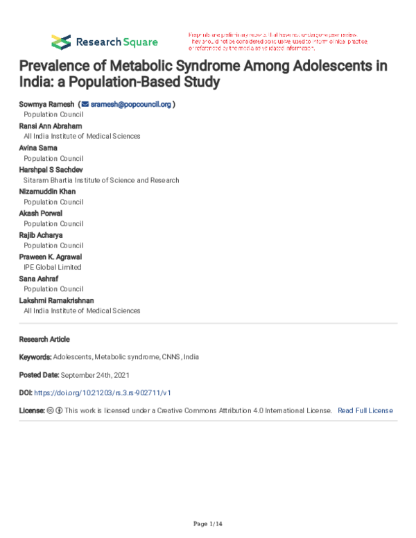 (PDF) Prevalence of Metabolic Syndrome Among Adolescents in India: a ...