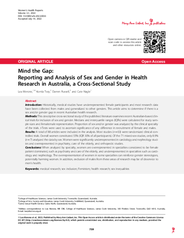 (PDF) Mind the Gap: Reporting and Analysis of Sex and Gender in Health ...
