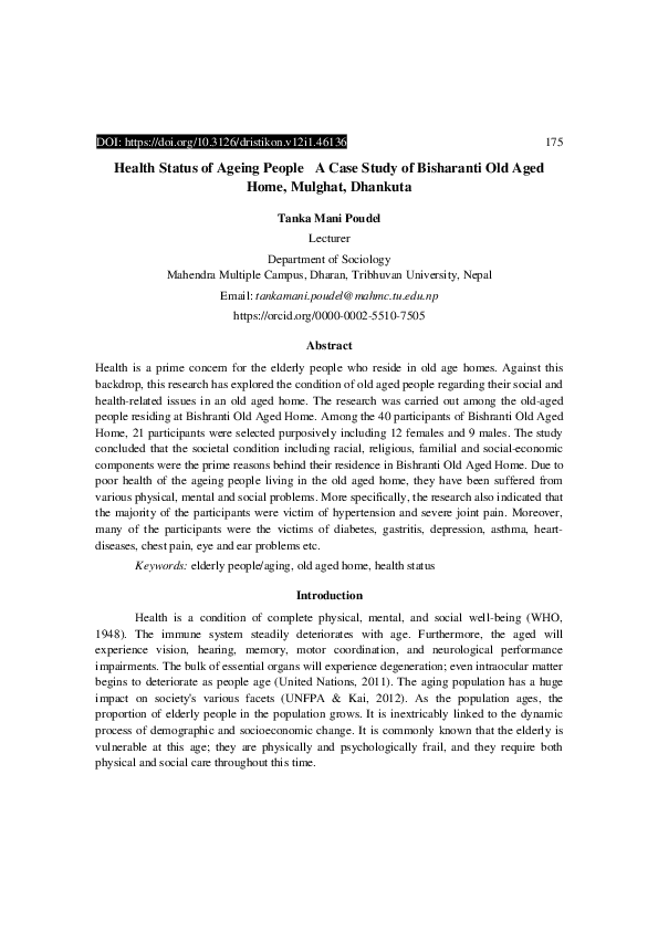 (PDF) Health Status of Ageing People A Case Study of Bisharanti Old ...