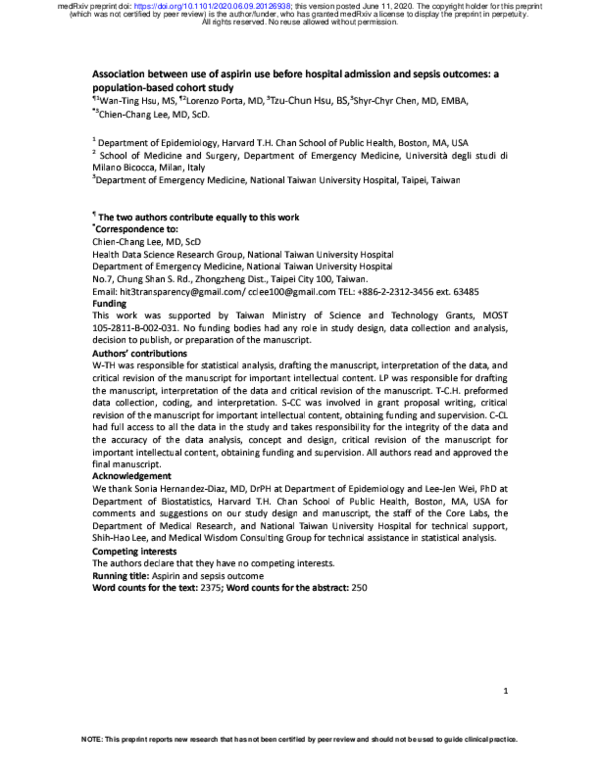 (PDF) Association between use of aspirin use before hospital admission