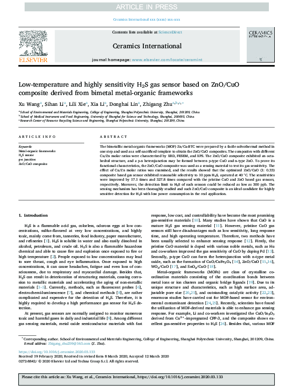 (PDF) Low-temperature and highly sensitivity H2S gas sensor based on ...