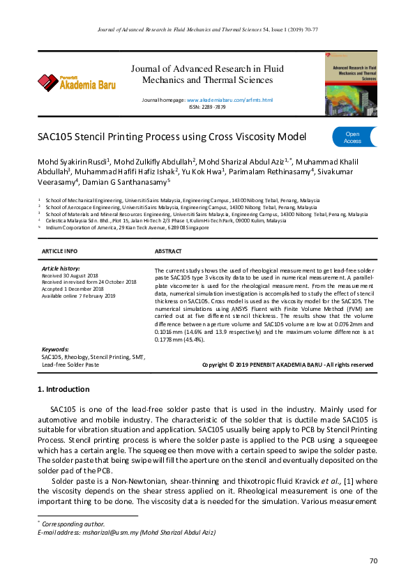 (PDF) Stencil Printing Process using Cross Viscosity Model MOHD