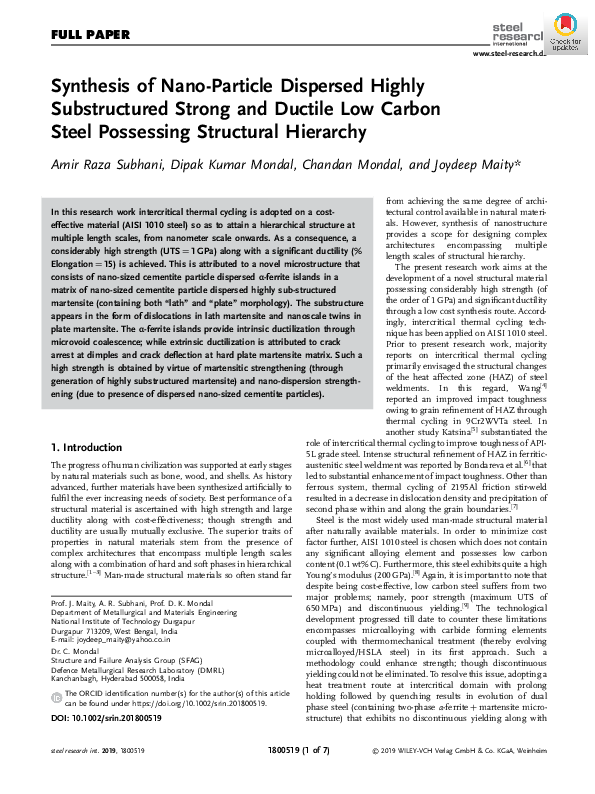 (PDF) Synthesis of Nano-Particle Dispersed Highly Substructured Strong ...