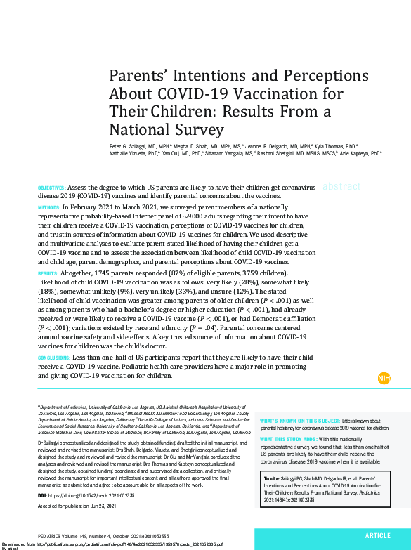 (PDF) Parents’ Intentions and Perceptions About COVID-19 Vaccination ...