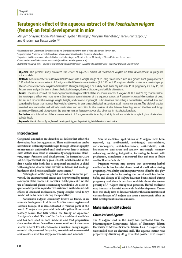 (PDF) Teratogenic effect of the aqueous extract of the Foeniculum