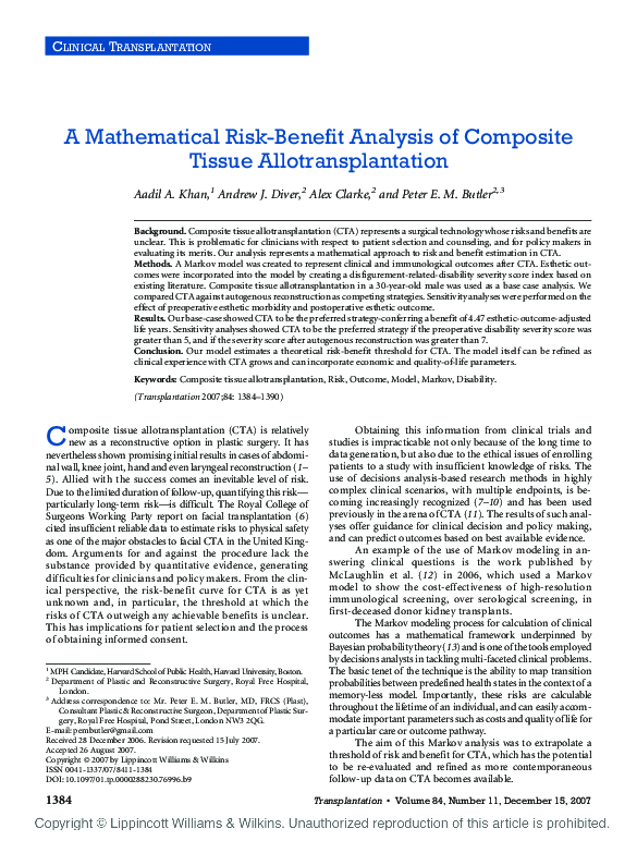 (PDF) A Mathematical Risk-Benefit Analysis of Composite Tissue ...