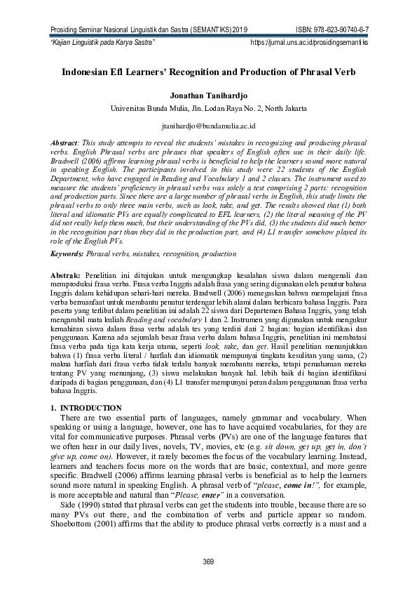 (PDF) Indonesian Efl Learners’ Recognition and Production of Phrasal Verb
