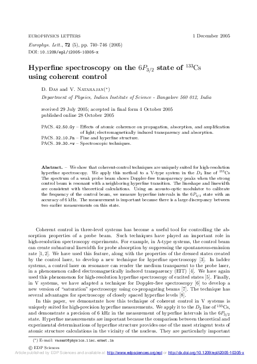 (PDF) Hyperfine spectroscopy on the 6 P 3/2 state of 133 Cs using ...
