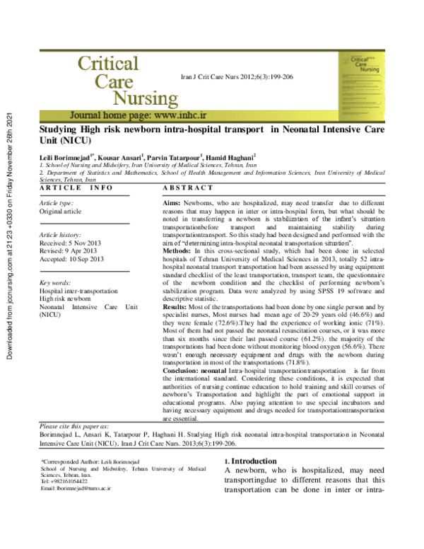 (PDF) Studying High risk newborn intra-hospital transport in Neonatal ...