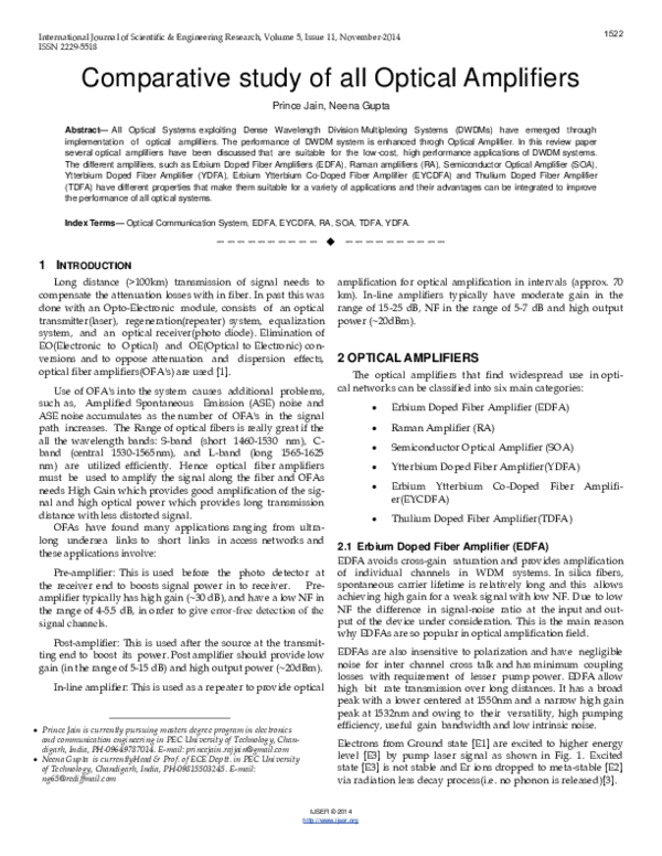 (PDF) Comparative study of all Optical Amplifiers