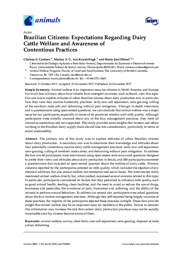 (PDF) Brazilian Citizens: Expectations Regarding Dairy Cattle Welfare ...