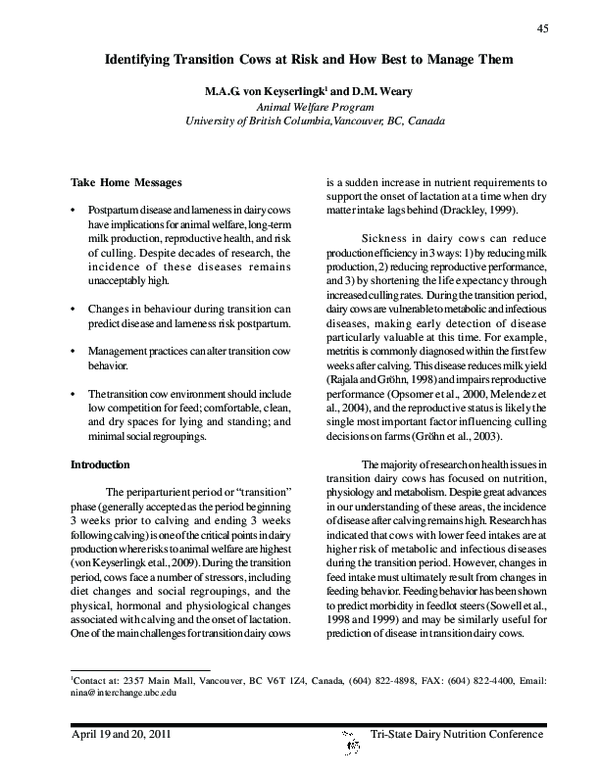 (PDF) Identifying transition cows at risk and how best to manage them