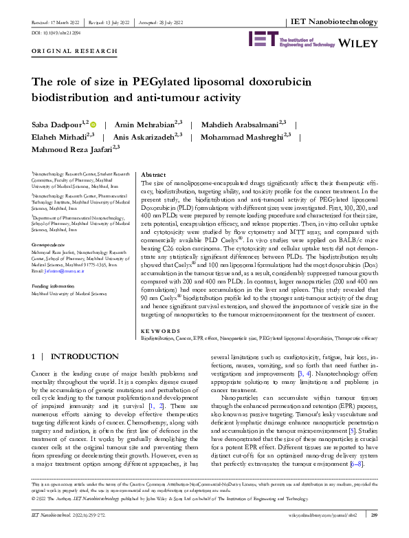 (PDF) The role of size in PEGylated liposomal doxorubicin ...