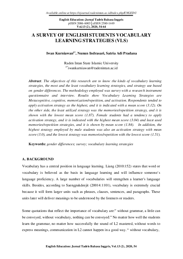 (PDF) A Survey of English Students Vocabulary Learning Strategies (VLS)