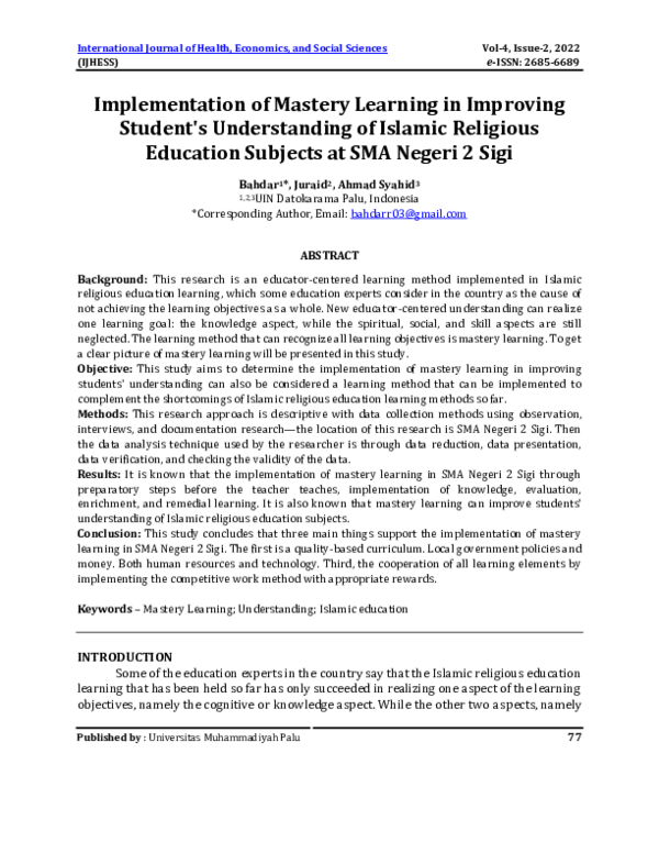 (PDF) Implementation of Mastery Learning in Improving Student's ...