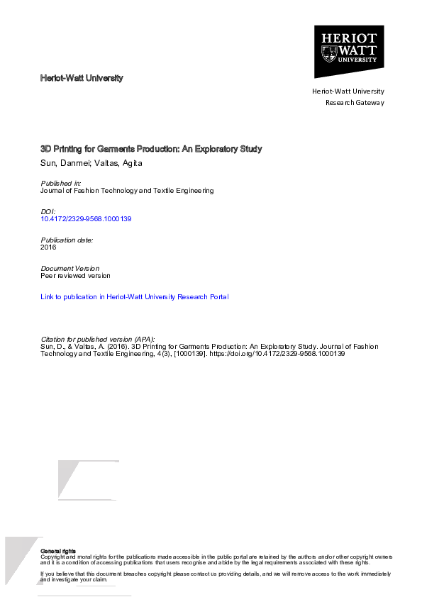 (PDF) 3D Printing for Garments Production: An Exploratory Study