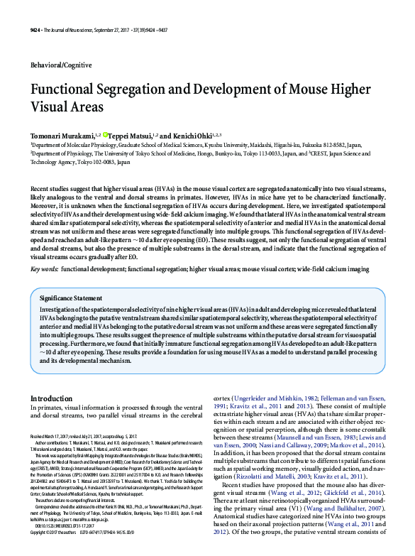 (PDF) Functional Segregation and Development of Mouse Higher Visual Areas