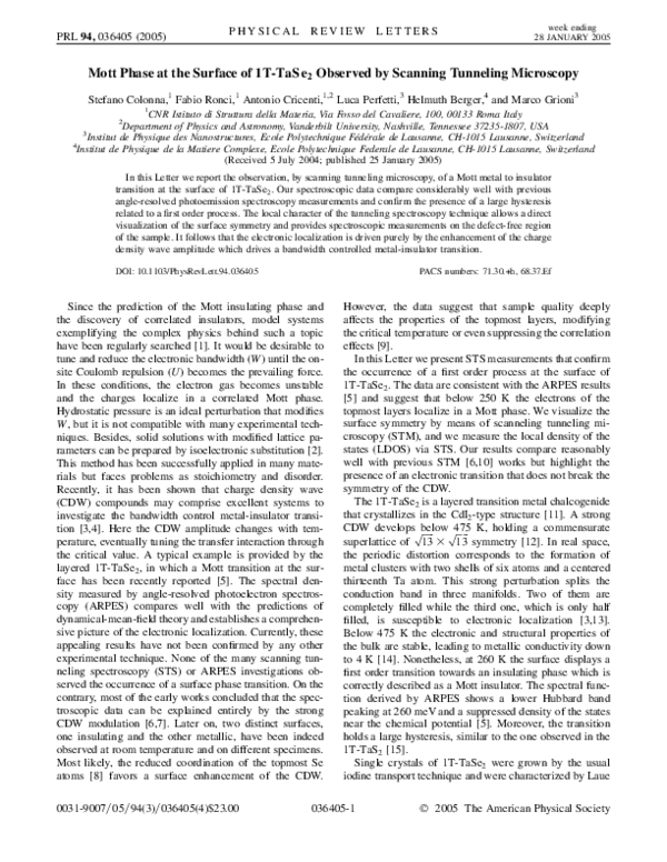 (PDF) Mott Phase at the Surface of1T−TaSe2Observed by Scanning ...