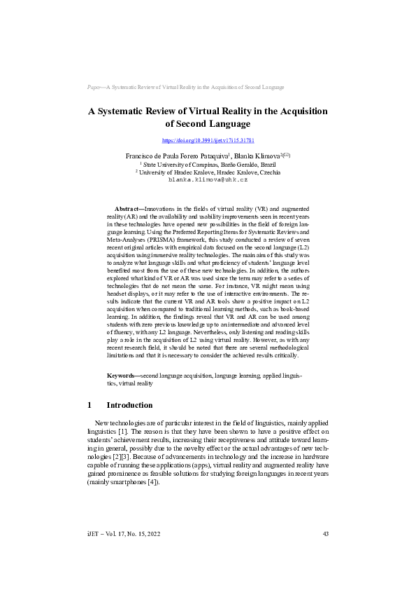 (PDF) Systematic Review of Virtual Reality in the Acquisition of Second ...