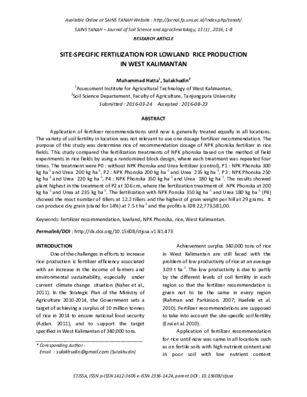 (PDF) Site-Specific Fertilization for Lowland Rice Production in West ...