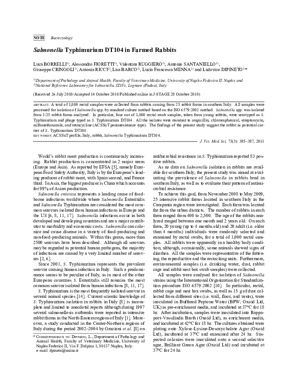 (PDF) Salmonella Typhimurium DT104 in Farmed Rabbits